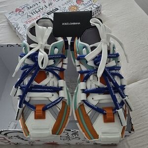 Dolce & Gabbana White Multi-Color Lace-Up Sneakers For Male